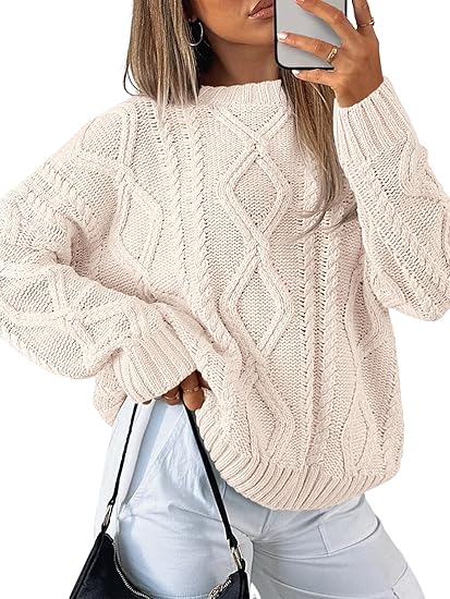 Trendy Queen Women's Oversized Cable Knit Crewneck Sweaters