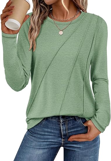 ATHMILE Womens Long Sleeve Shirts Pleated Crew Neck Casual Fall Fashion Tops