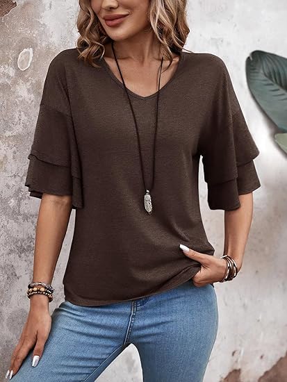 Womens Top Ruffle Sleeve Blouses V Neck T Shirts
